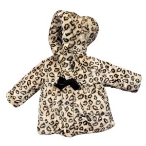 Pistachio Faux Fur Coat Girls 24M/2T Tan Leopard Print Hooded Velvet Bow Jacket